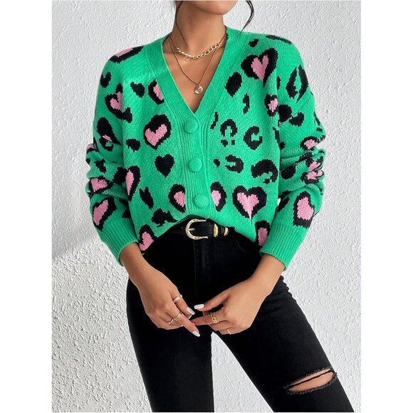 Leopard Women's Cardigan Sweater V Neck Long Sleeve Button Down Fall Wear - Picture 6 of 6